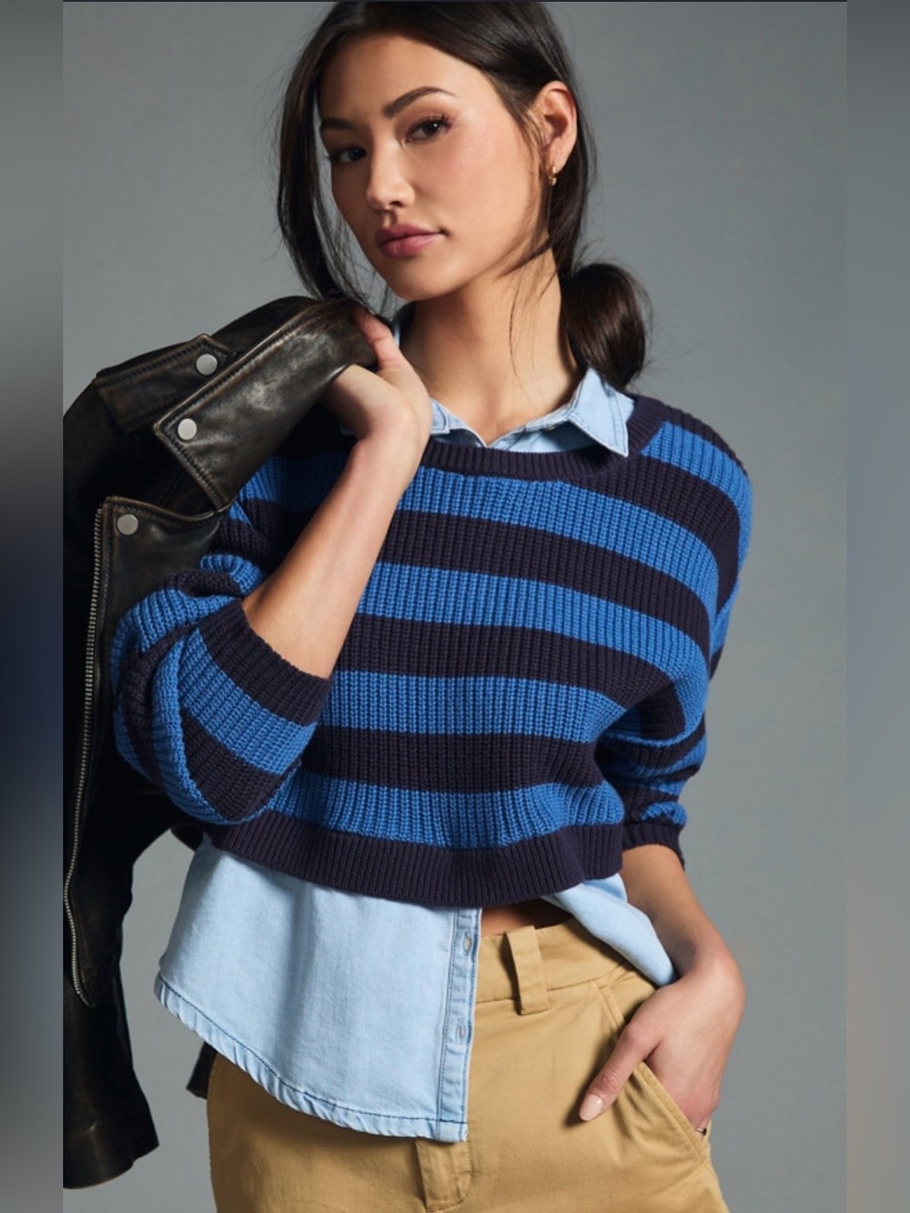 Pilcro Layered Sweater in Blue Stripe | Size XS